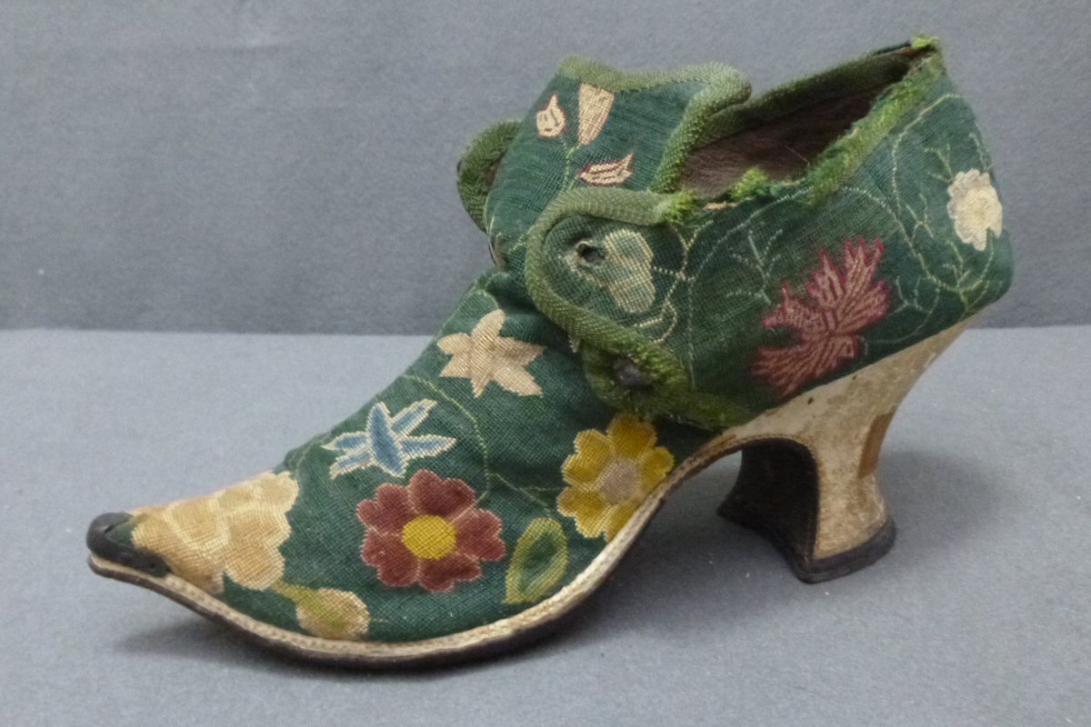 Embroidered Shoe 1730's English & European Dress Meg Andrews Antique Dress and Textiles